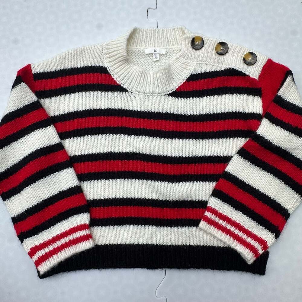 BP. Button Shoulder Striped Crewneck Sweater